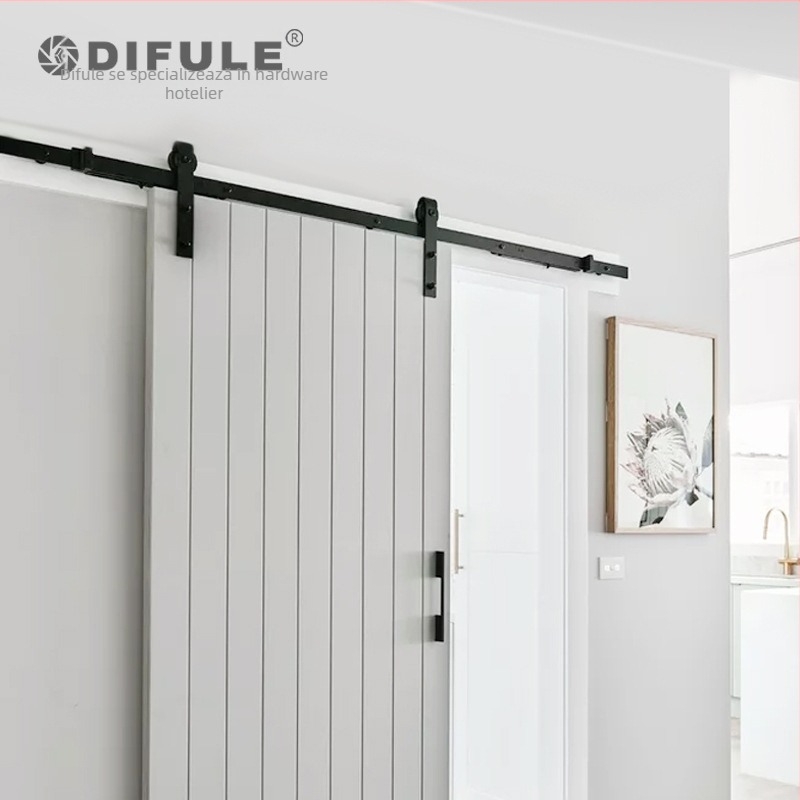 Sistem plin pentru ușă glisantă tip hambar: șină și role, model DFL-GC001, material oțel carbon, finisaj electroforetic, încărcare maximă 150 kg, potrivit pentru uși de hambar, birou, bucătărie