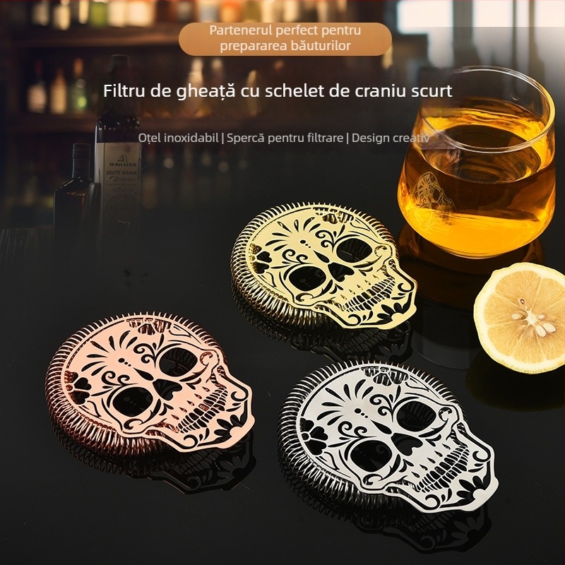 Filtru de gheață pentru cocktailuri, oțel inoxidabil, design schelet cu cap gol, 12,5×10 cm, 74 g