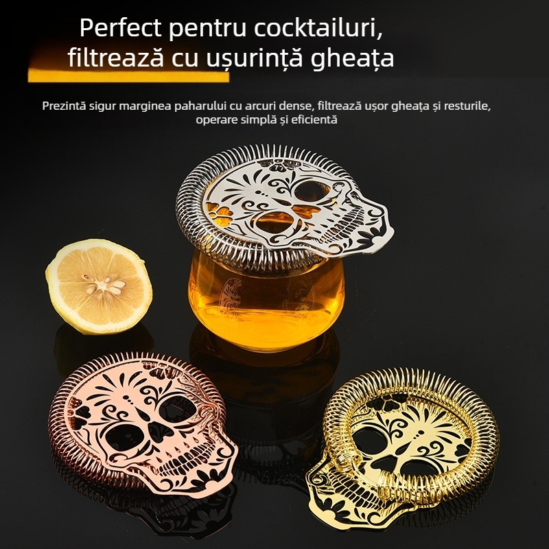 Filtru de gheață pentru cocktailuri, oțel inoxidabil, design schelet cu cap gol, 12,5×10 cm, 74 g