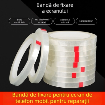 Bandă de poziționare pentru fixare precisă a pieselor metalice; bază PET; grosime 0,05 mm; adeziv poliester-cauciuc; interval de temperatură -10 la 70 °C.