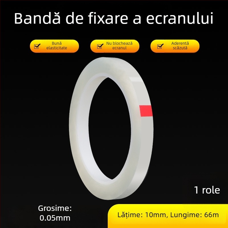 Bandă de poziționare pentru fixare precisă a pieselor metalice; bază PET; grosime 0,05 mm; adeziv poliester-cauciuc; interval de temperatură -10 la 70 °C.