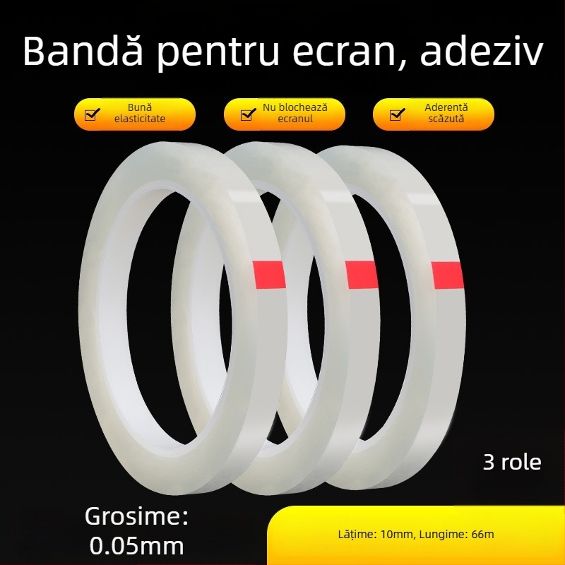 Bandă de poziționare pentru fixare precisă a pieselor metalice; bază PET; grosime 0,05 mm; adeziv poliester-cauciuc; interval de temperatură -10 la 70 °C.