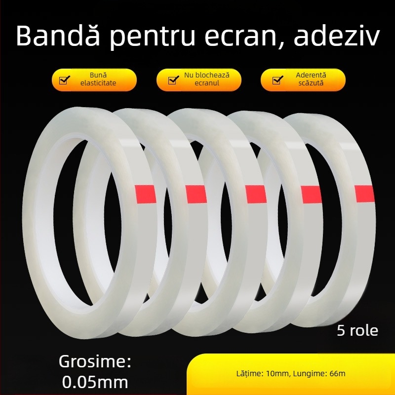 Bandă de poziționare pentru fixare precisă a pieselor metalice; bază PET; grosime 0,05 mm; adeziv poliester-cauciuc; interval de temperatură -10 la 70 °C.