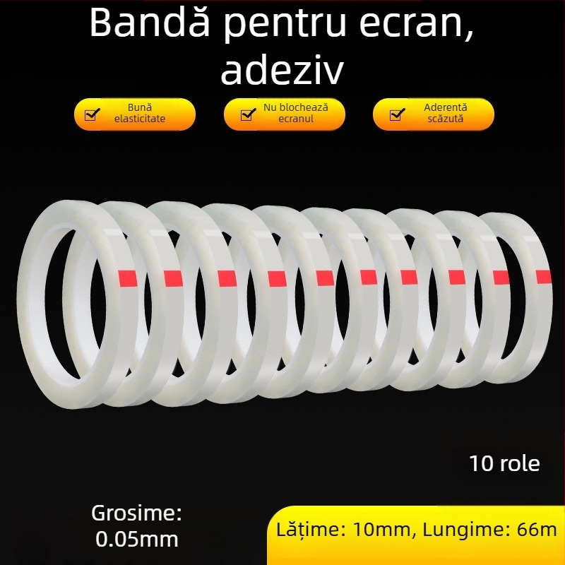 Bandă de poziționare pentru fixare precisă a pieselor metalice; bază PET; grosime 0,05 mm; adeziv poliester-cauciuc; interval de temperatură -10 la 70 °C.