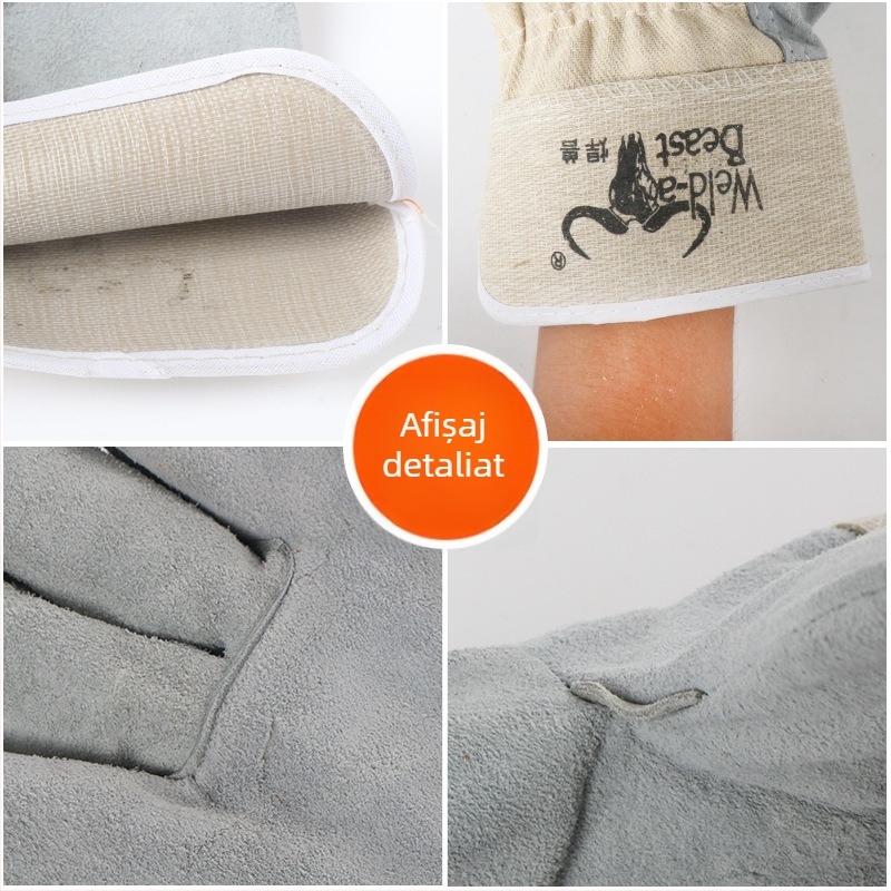 Mănuși de sudură scurte, din piele de vacă, Welding Beast, 280 g, două straturi de pânză, pentru sudură electrică și prelucrarea metalelor