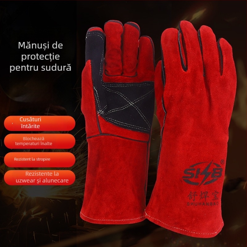 Mănuși de sudură - din piele de vită, cu două straturi, rezistente la uzură, la temperaturi înalte, cu aderență anti-alunecare