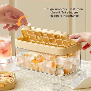 Formă nouă pentru cuburi de gheață cu eliberare la un singur buton și design rabatabil, recipient de depozitare a gheții, bucătărie