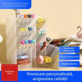Suport pentru pixuri – Transparent, plastic PP, design înclinat cu mai multe compartimente, organizator de birou, imprimare logo, personalizare