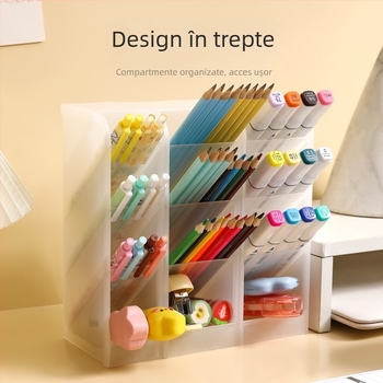 Suport pentru pixuri – Transparent, plastic PP, design înclinat cu mai multe compartimente, organizator de birou, imprimare logo, personalizare