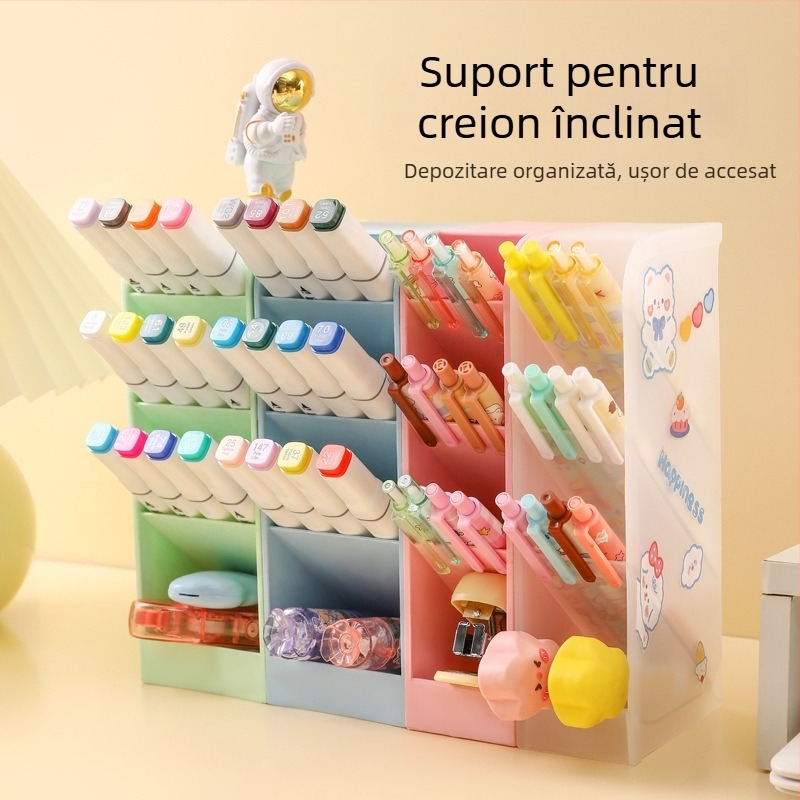 Suport pentru pixuri – Transparent, plastic PP, design înclinat cu mai multe compartimente, organizator de birou, imprimare logo, personalizare