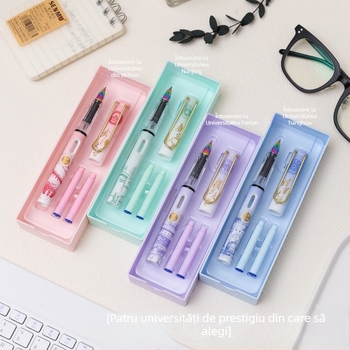 KOMI Set stilou cu cerneală pentru elevi – vârf iridiu 0,38 mm, cerneală înlocuibilă, corp din plastic, model K-9010