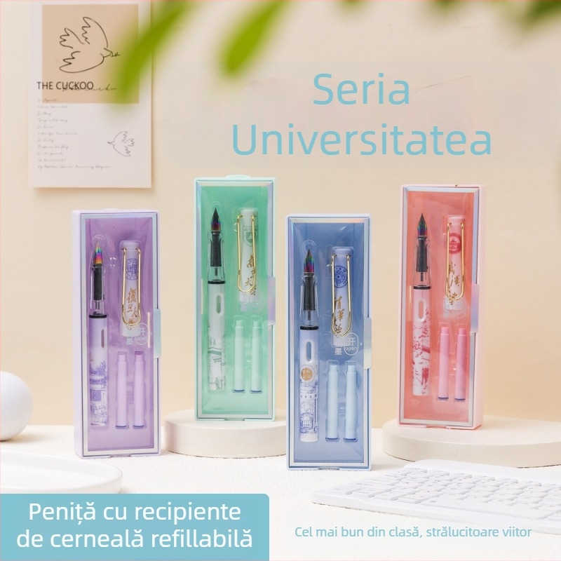 KOMI Set stilou cu cerneală pentru elevi – vârf iridiu 0,38 mm, cerneală înlocuibilă, corp din plastic, model K-9010