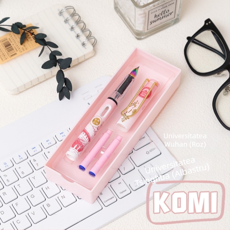 KOMI Set stilou cu cerneală pentru elevi – vârf iridiu 0,38 mm, cerneală înlocuibilă, corp din plastic, model K-9010