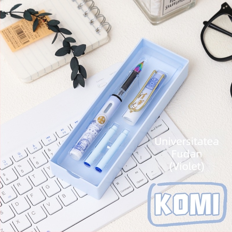 KOMI Set stilou cu cerneală pentru elevi – vârf iridiu 0,38 mm, cerneală înlocuibilă, corp din plastic, model K-9010