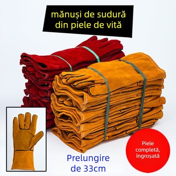 Mănuși de sudură din piele de vită, rezistente la abraziune, rezistente la temperaturi înalte, izolație termică, prelungite și îngroșate