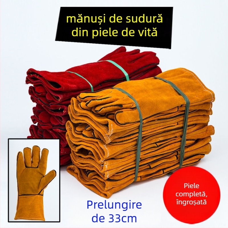 Mănuși de sudură din piele de vită, rezistente la abraziune, rezistente la temperaturi înalte, izolație termică, prelungite și îngroșate