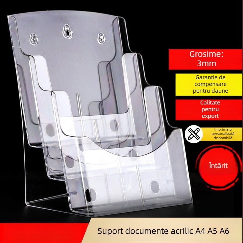 Raft informativ acrilic, 4 niveluri, organizator de birou pentru broșuri și flyere, distanța dintre rafturi 10 cm