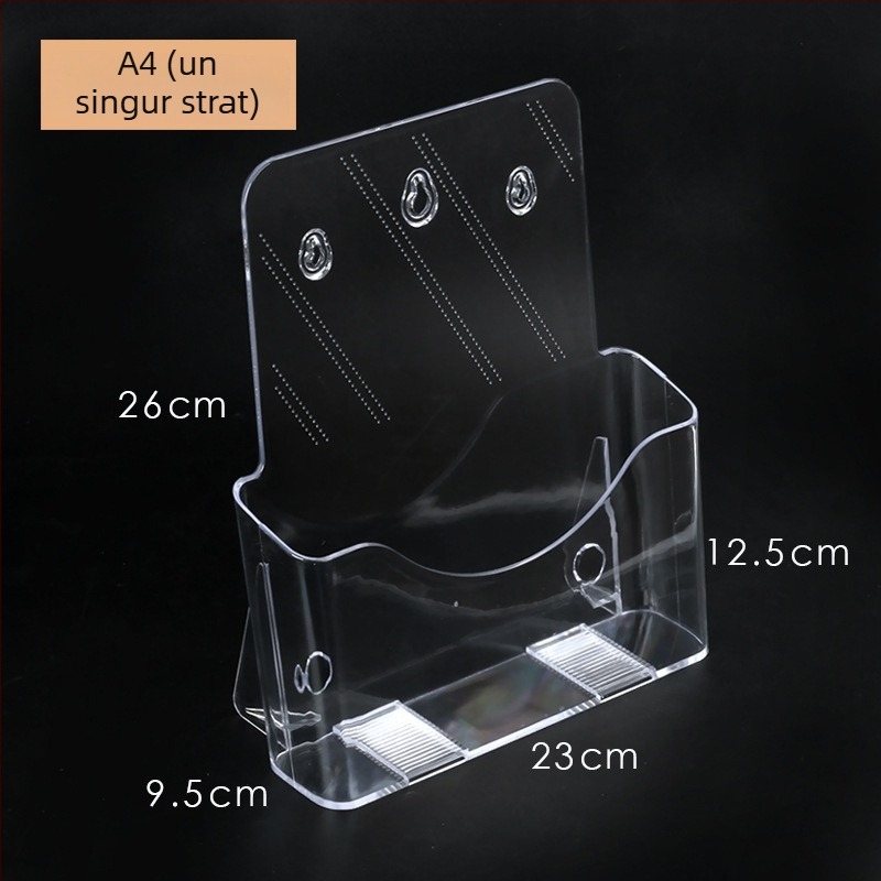 Raft informativ acrilic, 4 niveluri, organizator de birou pentru broșuri și flyere, distanța dintre rafturi 10 cm