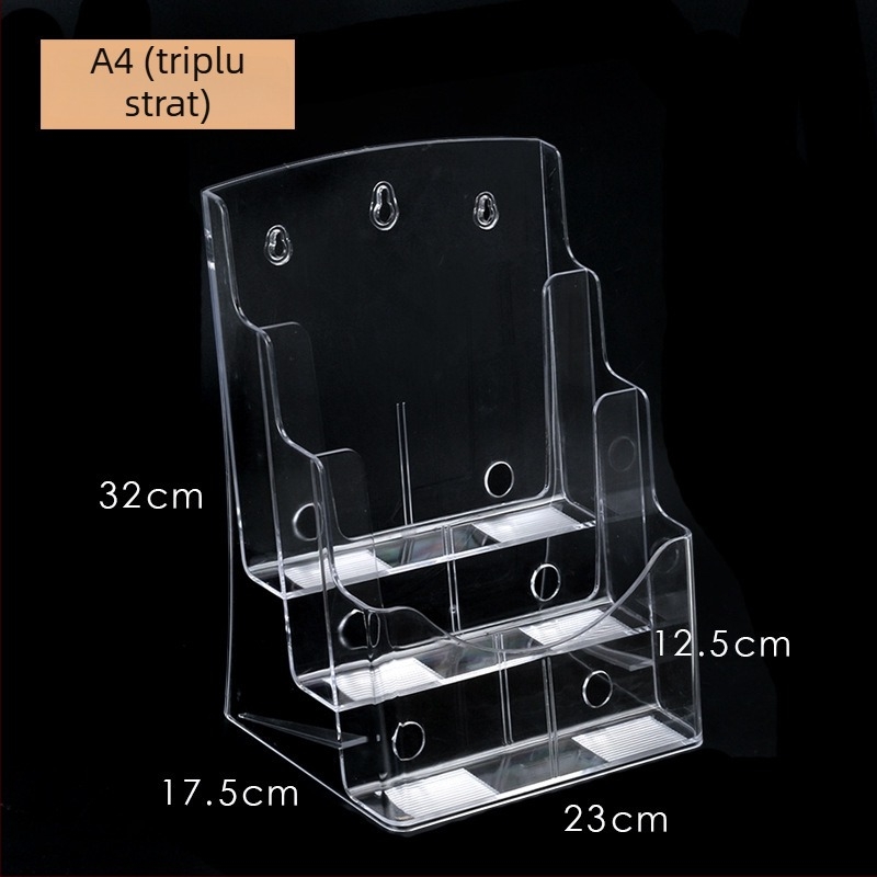 Raft informativ acrilic, 4 niveluri, organizator de birou pentru broșuri și flyere, distanța dintre rafturi 10 cm