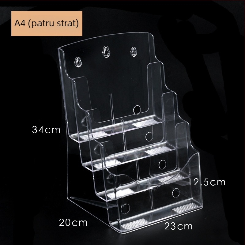 Raft informativ acrilic, 4 niveluri, organizator de birou pentru broșuri și flyere, distanța dintre rafturi 10 cm