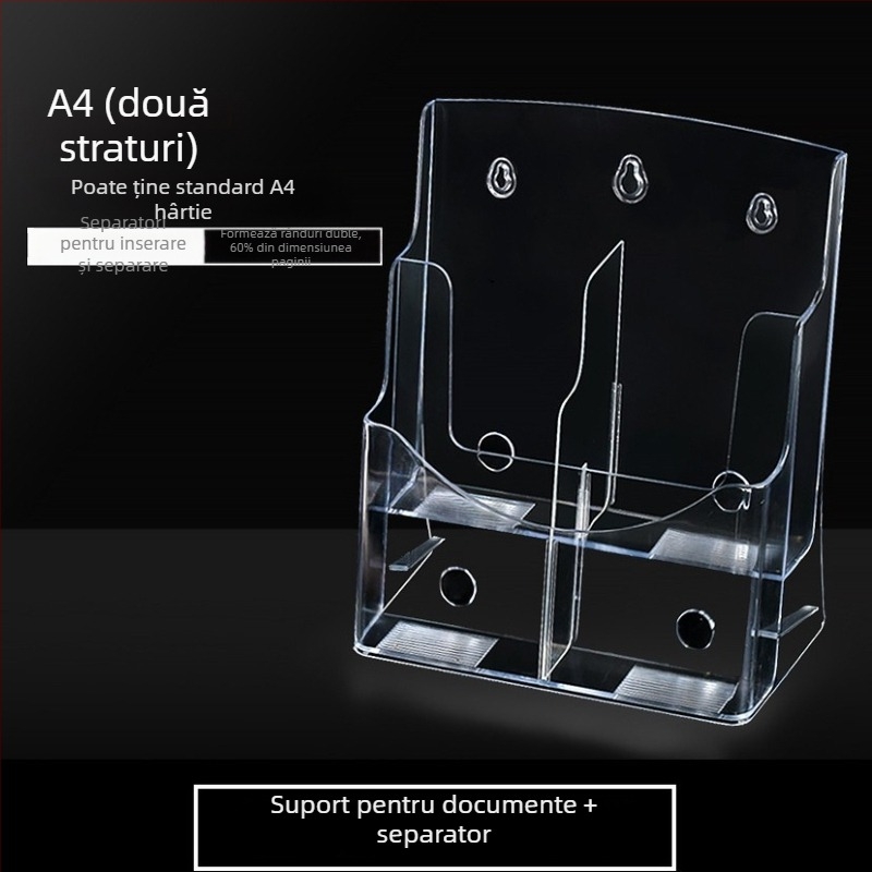 Raft informativ acrilic, 4 niveluri, organizator de birou pentru broșuri și flyere, distanța dintre rafturi 10 cm