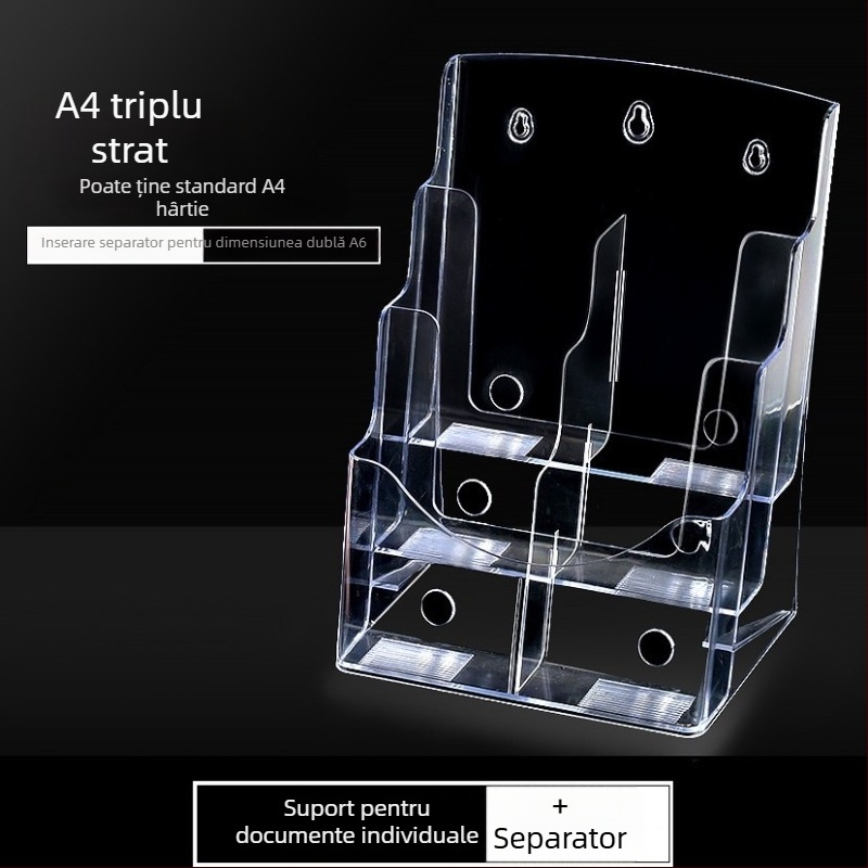 Raft informativ acrilic, 4 niveluri, organizator de birou pentru broșuri și flyere, distanța dintre rafturi 10 cm