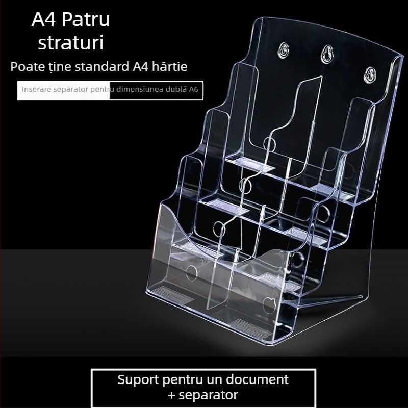 Raft informativ acrilic, 4 niveluri, organizator de birou pentru broșuri și flyere, distanța dintre rafturi 10 cm