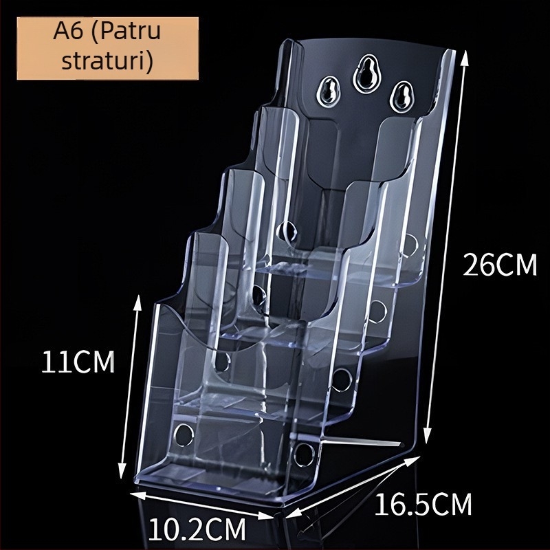 Raft informativ acrilic, 4 niveluri, organizator de birou pentru broșuri și flyere, distanța dintre rafturi 10 cm
