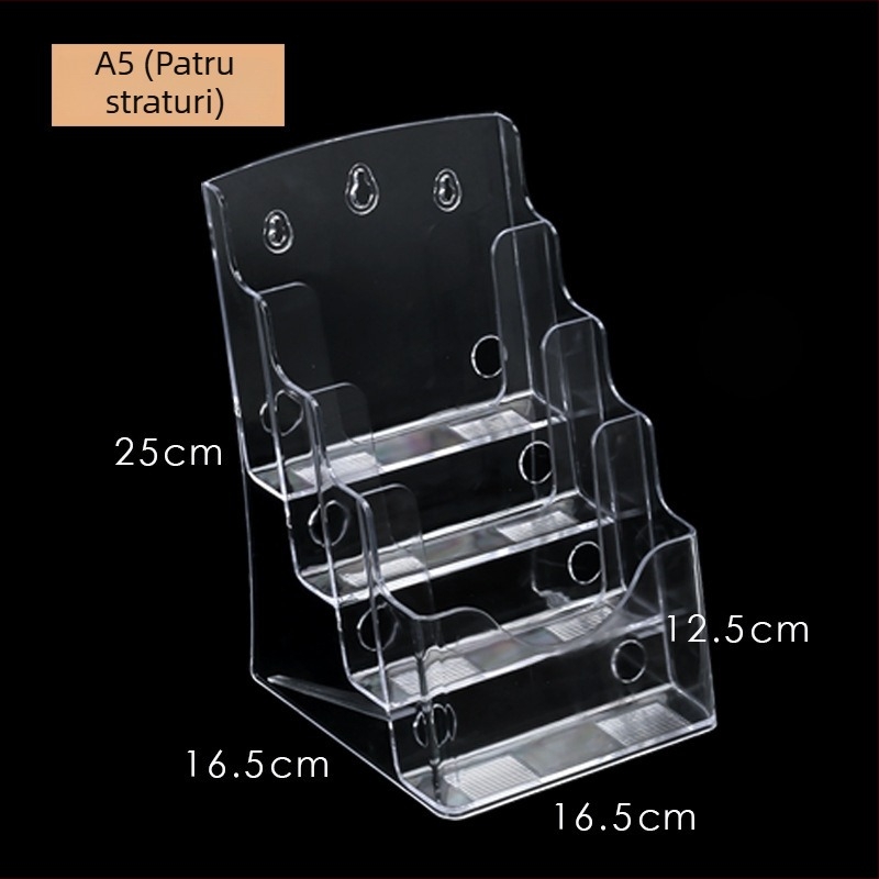 Raft informativ acrilic, 4 niveluri, organizator de birou pentru broșuri și flyere, distanța dintre rafturi 10 cm