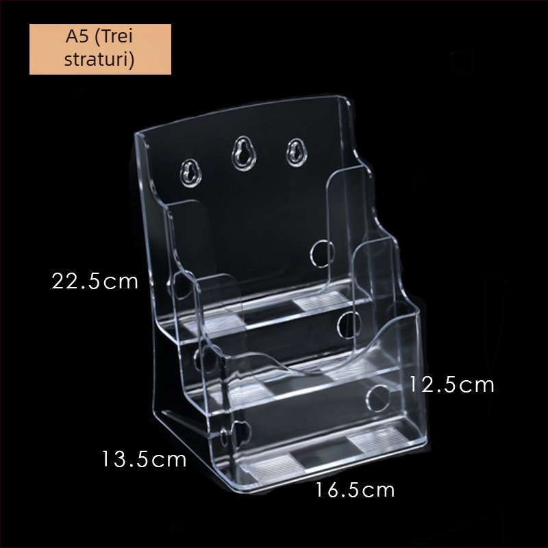 Raft informativ acrilic, 4 niveluri, organizator de birou pentru broșuri și flyere, distanța dintre rafturi 10 cm