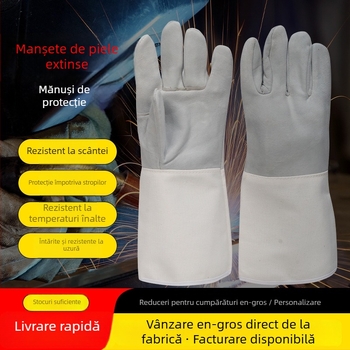 Mănuși de sudură din piele de capră, design cu două straturi, moi și rezistente la stropi, cu manșete din pânză (Brand: Hongrunxing; Material: piele de capră; Domeniu: sudură; Funcție: mănuși de sudură)