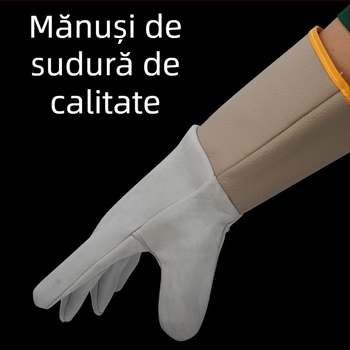 Mănuși de sudură din piele de capră, design cu două straturi, moi și rezistente la stropi, cu manșete din pânză (Brand: Hongrunxing; Material: piele de capră; Domeniu: sudură; Funcție: mănuși de sudură)