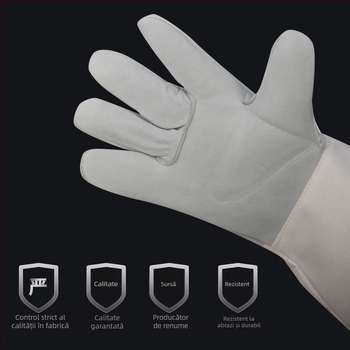 Mănuși de sudură din piele de capră, design cu două straturi, moi și rezistente la stropi, cu manșete din pânză (Brand: Hongrunxing; Material: piele de capră; Domeniu: sudură; Funcție: mănuși de sudură)