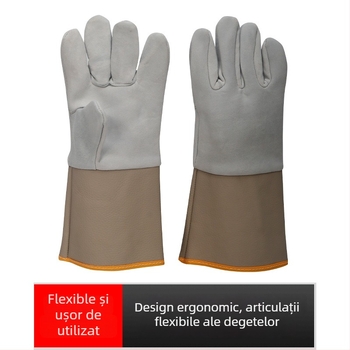 Mănuși de sudură din piele de capră, design cu două straturi, moi și rezistente la stropi, cu manșete din pânză (Brand: Hongrunxing; Material: piele de capră; Domeniu: sudură; Funcție: mănuși de sudură)