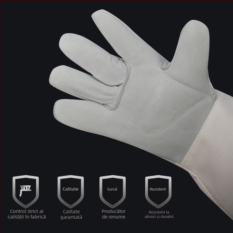 Mănuși de sudură din piele de capră, design cu două straturi, moi și rezistente la stropi, cu manșete din pânză (Brand: Hongrunxing; Material: piele de capră; Domeniu: sudură; Funcție: mănuși de sudură)