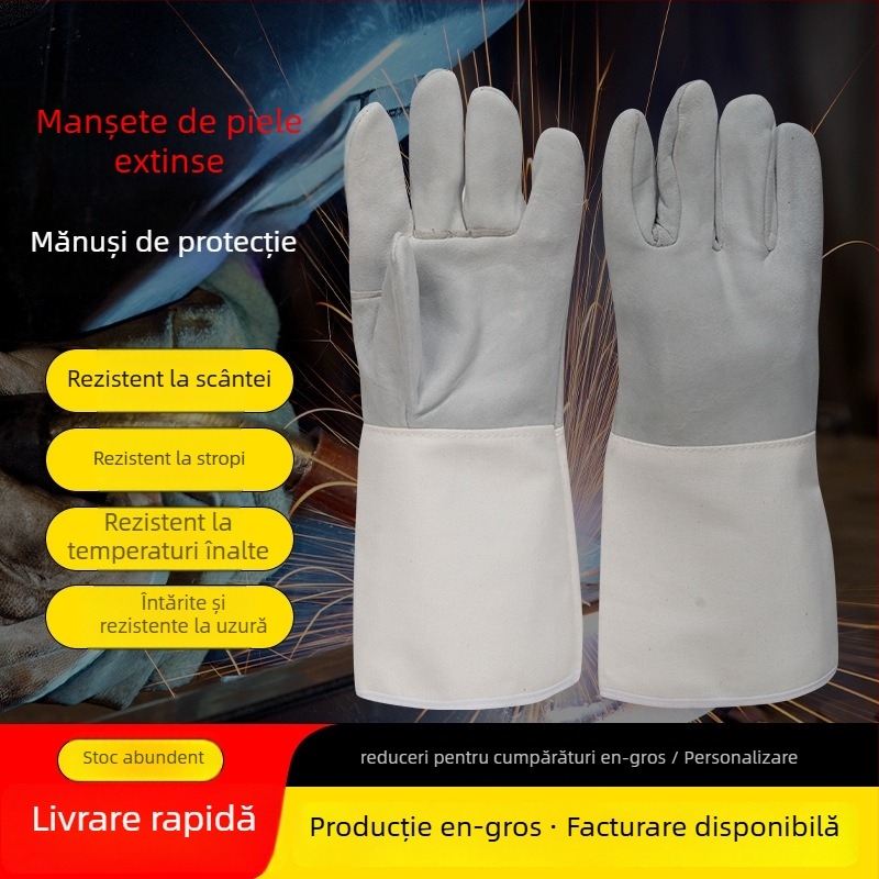Mănuși de sudură din piele de capră, design cu două straturi, moi și rezistente la stropi, cu manșete din pânză (Brand: Hongrunxing; Material: piele de capră; Domeniu: sudură; Funcție: mănuși de sudură)