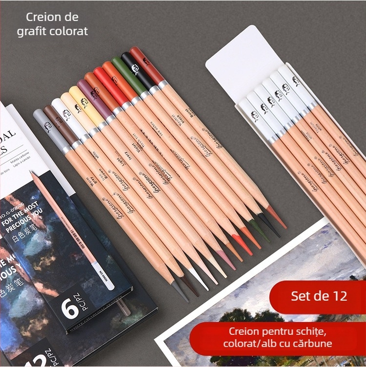 Set de 24 creioane de cărbune pentru schițe profesionale – pentru studenți la artă, corp din lemn, 2B, ambalaj de bază, cod produs G-09606
