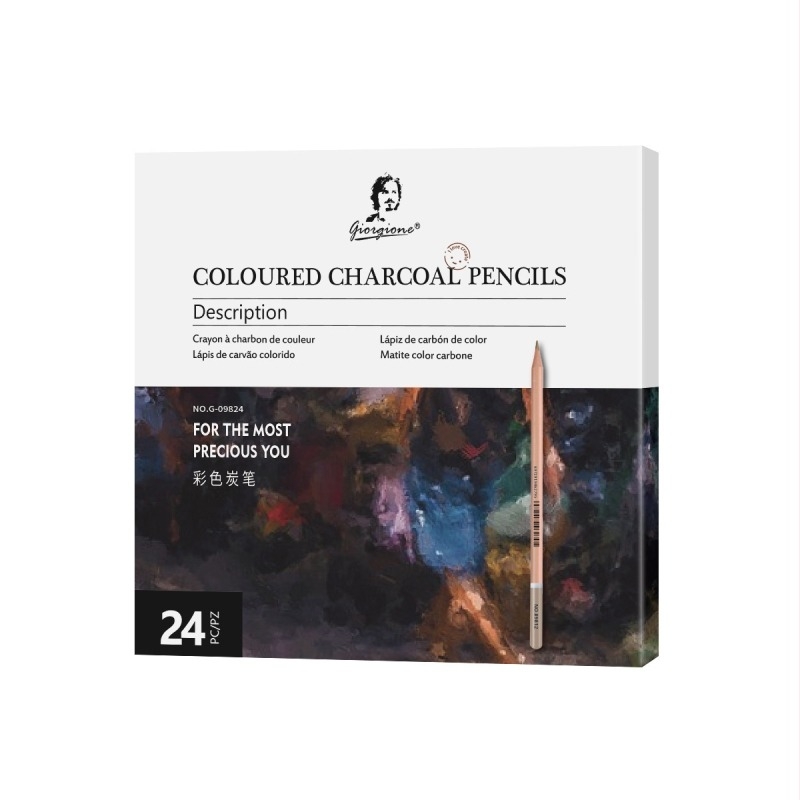 Set de 24 creioane de cărbune pentru schițe profesionale – pentru studenți la artă, corp din lemn, 2B, ambalaj de bază, cod produs G-09606