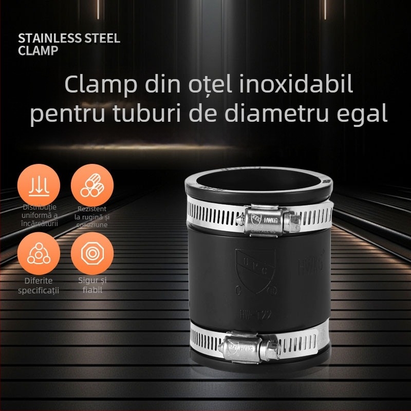 Colier din cauciuc pentru conexiune flexibilă cu diametru variabil — conector tubular reductibil, clemă din cauciuc tip cuplaj moale Hwkg/Hengwei clamp. Diametru nominal: 1.5–2 in și mai mare; Diametru de fixare: 1.5–2 in și mai mare; Gama aplicabilă: 1.5–