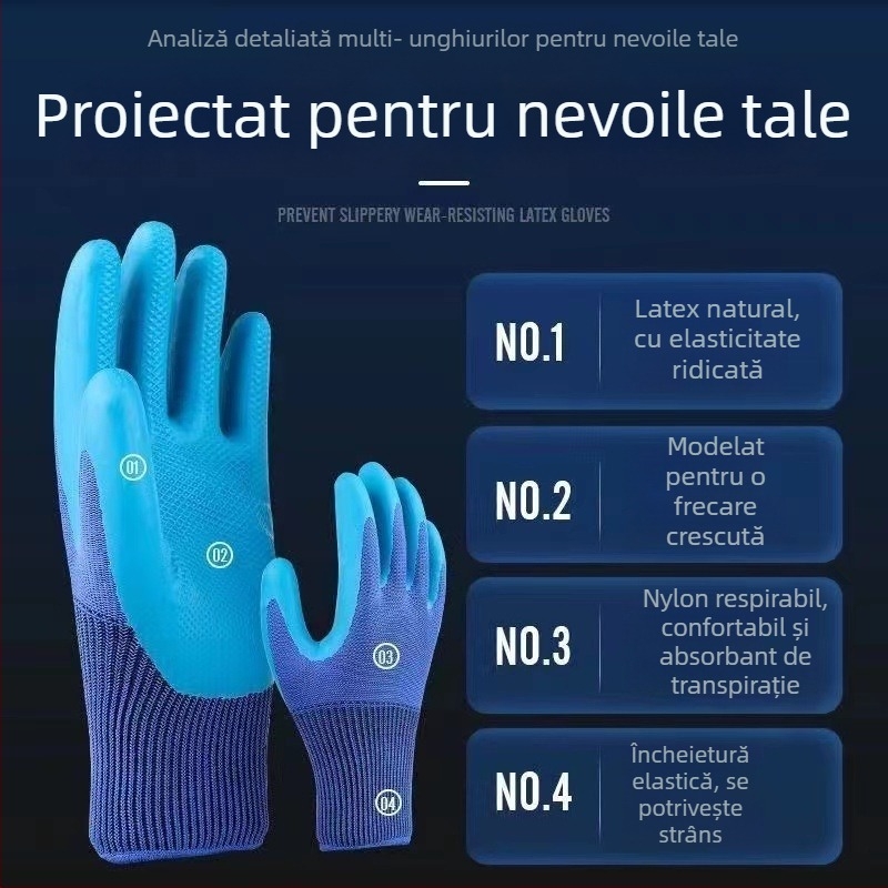 Mănuși din latex, textură embosată, antiderapante, pentru uz în fabrici/șantiere, rezistente la tăiere