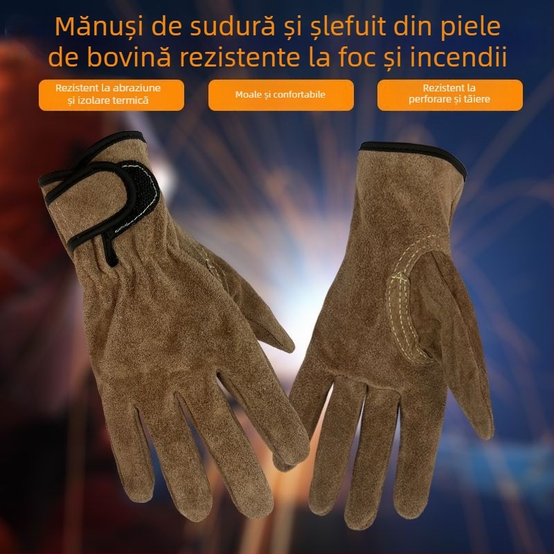 Mănuși de sudură din piele de vită — rezistente la abraziune, la căldură și la flacără, anti-perforație, pentru lucru în exterior