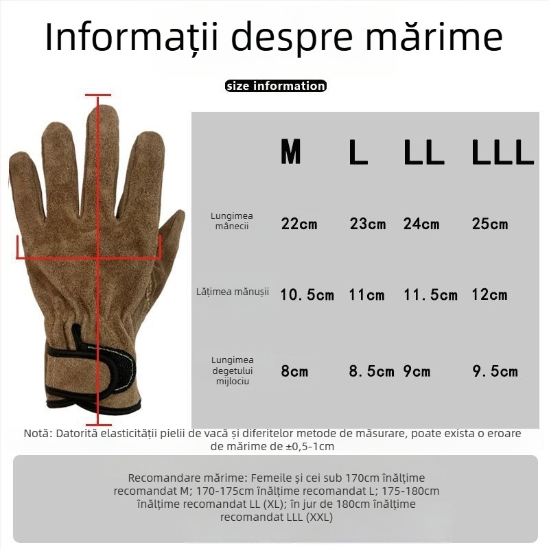 Mănuși de sudură din piele de vită — rezistente la abraziune, la căldură și la flacără, anti-perforație, pentru lucru în exterior