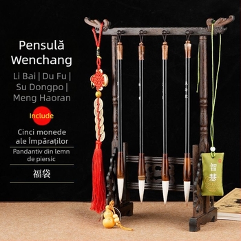 Set cu 4 pensule de caligrafie și suport pentru pix, unisex, stil student, poezii Li Bai și Du Fu gravate, decor pentru birou