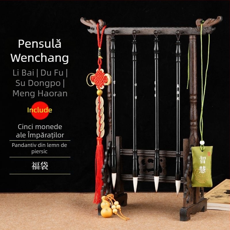 Set cu 4 pensule de caligrafie și suport pentru pix, unisex, stil student, poezii Li Bai și Du Fu gravate, decor pentru birou