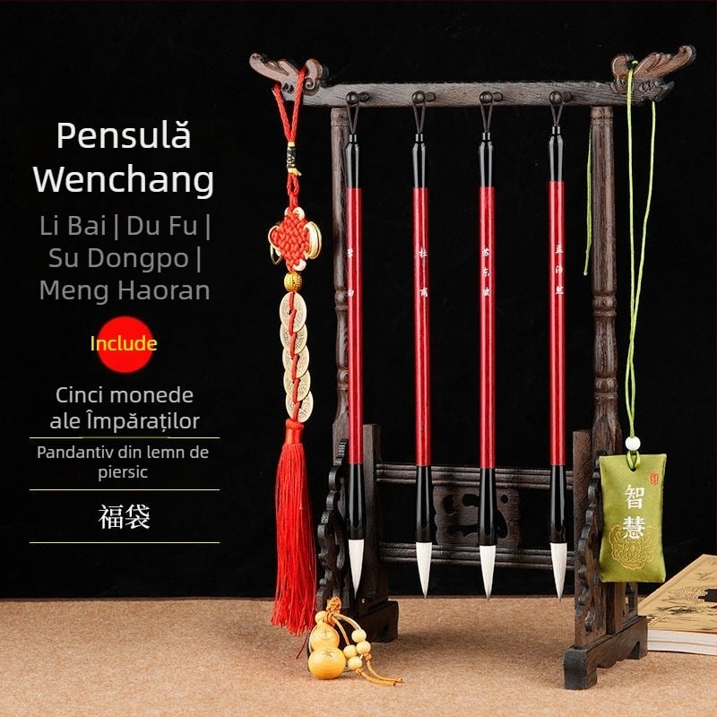 Set cu 4 pensule de caligrafie și suport pentru pix, unisex, stil student, poezii Li Bai și Du Fu gravate, decor pentru birou