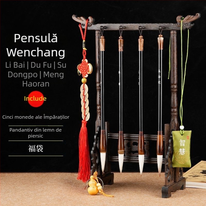 Set cu 4 pensule de caligrafie și suport pentru pix, unisex, stil student, poezii Li Bai și Du Fu gravate, decor pentru birou