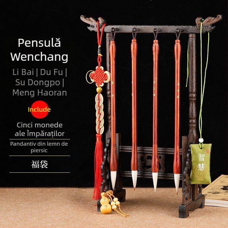 Set cu 4 pensule de caligrafie și suport pentru pix, unisex, stil student, poezii Li Bai și Du Fu gravate, decor pentru birou