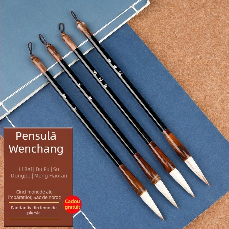 Set cu 4 pensule de caligrafie și suport pentru pix, unisex, stil student, poezii Li Bai și Du Fu gravate, decor pentru birou