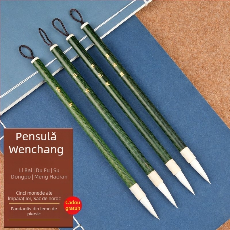 Set cu 4 pensule de caligrafie și suport pentru pix, unisex, stil student, poezii Li Bai și Du Fu gravate, decor pentru birou
