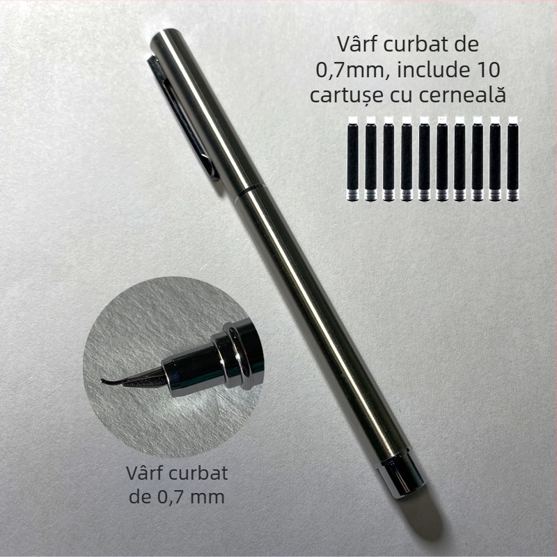 Stilou 9362 din oțel integral, vârf înclinat pentru scriere și practică semnături – destinat studenților